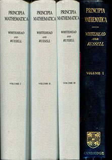 Principia Mathematica by Alfred North Whitehead and Bertrand Russell, in three volumes - cover spines